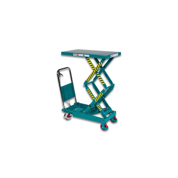 Weldon verrijdbare heftafel, dubbele schaar, max. cap. 350 KG, hefbereik 350 - 1300 mm, groenblauw
