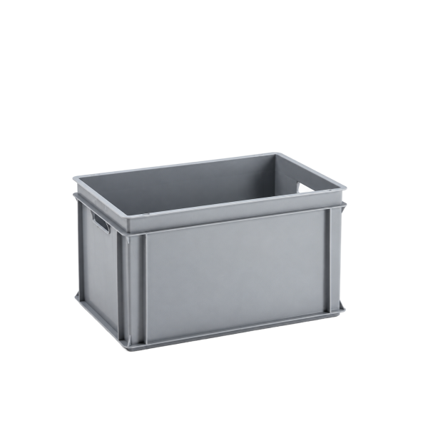Grijze kunststof E-Line RAKO bak van 600 x 400 x 325 mm met open grepen en een inhoud van 60 liter.