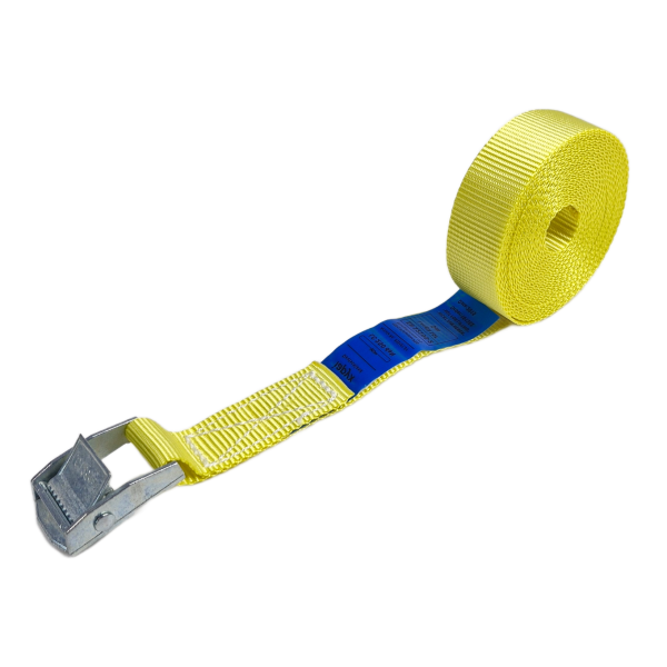 Gele sjorband van 25 mm met opgerolde band en metalen klemgesp