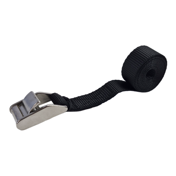 Zwarte sjorband van 25 mm met opgerolde band en RVS klemgesp