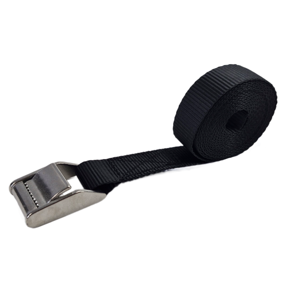 Zwarte sjorband van 25 mm met opgerolde band en RVS klemgesp