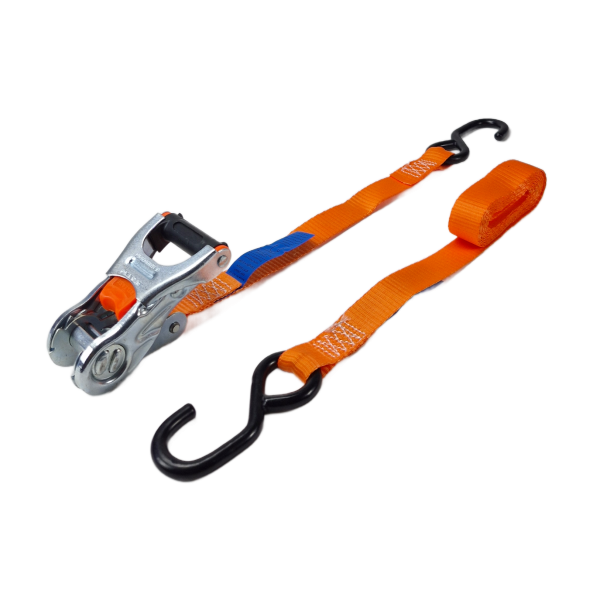 Oranje spanbandset 25 mm van 3 meter met drukratel en zwarte haken.