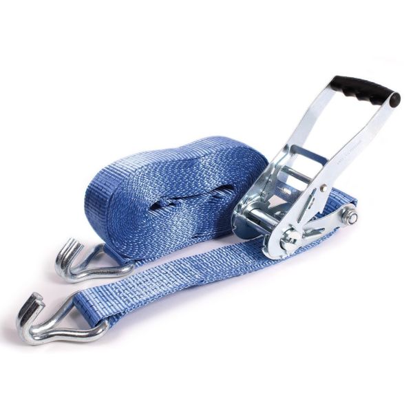 Blauwe spanbandset 50 mm met ratel 811, opgerolde band en twee haken.