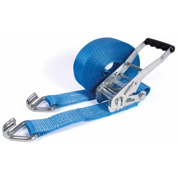 Blauwe spanbandset 50 mm met ratel 811, opgerolde band en twee haken.