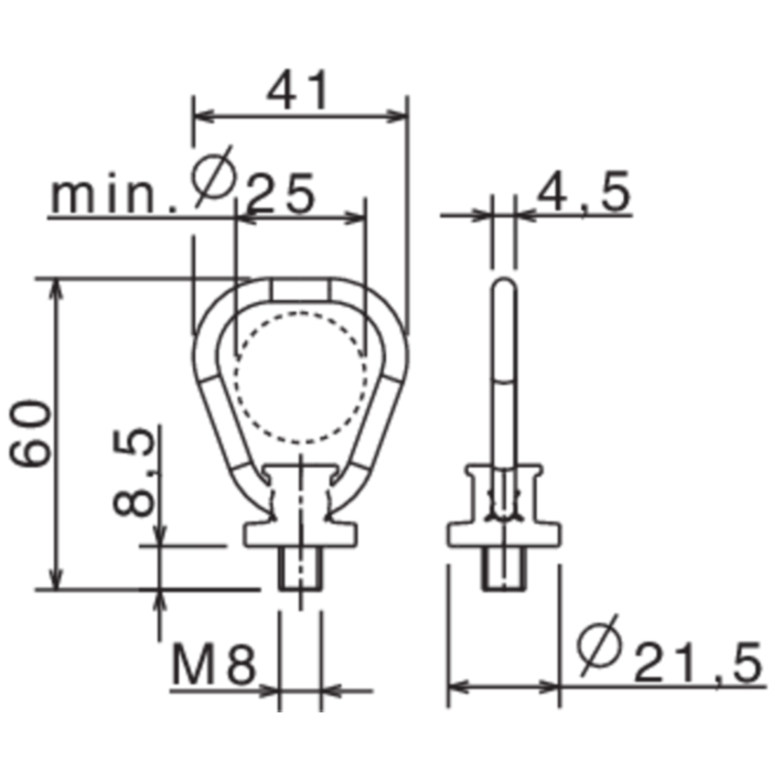 Technische tekening KERL 350 sjorpunt met M8 schroefdraad en maatvoering