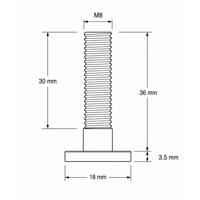 Technische tekening van M8-bout met schroefdraadlengte en afmetingen