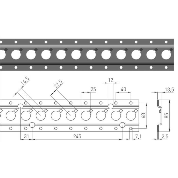 Wand-dakrail 1806, RVS, 3 meter (Q-gaten)