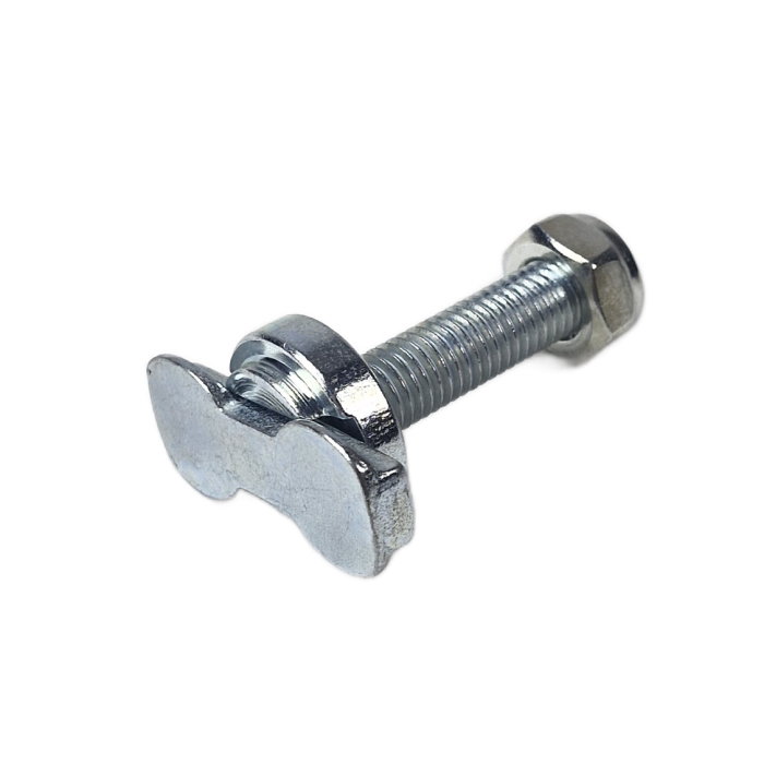 Vliegtuigrail-fitting met M10 schroefdraad en borgmoer, schuin aanzicht