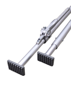 Uiteinden van een aluminium cargokeeper HD met zwarte rubberen drukvoeten en een zilverkleurig verstelmechanisme.