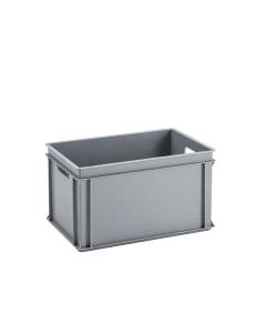 Grijze kunststof E-Line RAKO bak van 600 x 400 x 325 mm met open grepen en een inhoud van 60 liter.