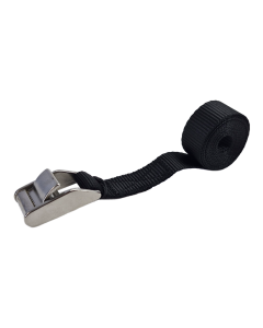 Zwarte sjorband van 25 mm met opgerolde band en RVS klemgesp
