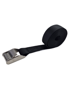 Zwarte sjorband van 25 mm met opgerolde band en RVS klemgesp
