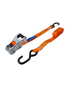 Oranje spanbandset 25 mm van 3 meter met drukratel en zwarte haken.