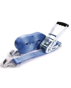 Blauwe spanbandset 50 mm met ratel 811, opgerolde band en twee haken.