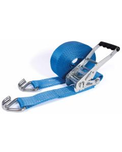 Blauwe spanbandset 50 mm met ratel 811, opgerolde band en twee haken.