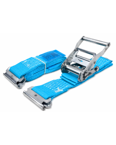 Blauwe spanbandset 50 mm met korte ratel 916 en sleufgatfittingen 1826, 1000/2000 daN, op maat gemaakt