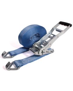 Blauwe spanbandset 50 mm met ERGO-ratel, opgerolde band en twee haken.