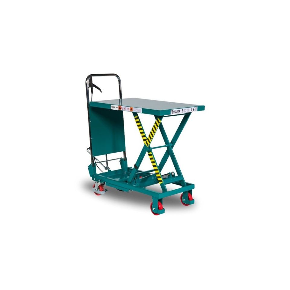 Weldon verrijdbare heftafel,  max. cap. 1000 KG, hefbereik 380 - 1000 mm, groenblauw