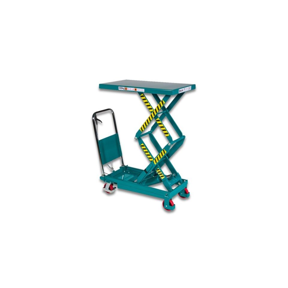 Weldon verrijdbare heftafel, dubbele schaar, max. cap. 350 KG, hefbereik 350 - 1300 mm, groenblauw