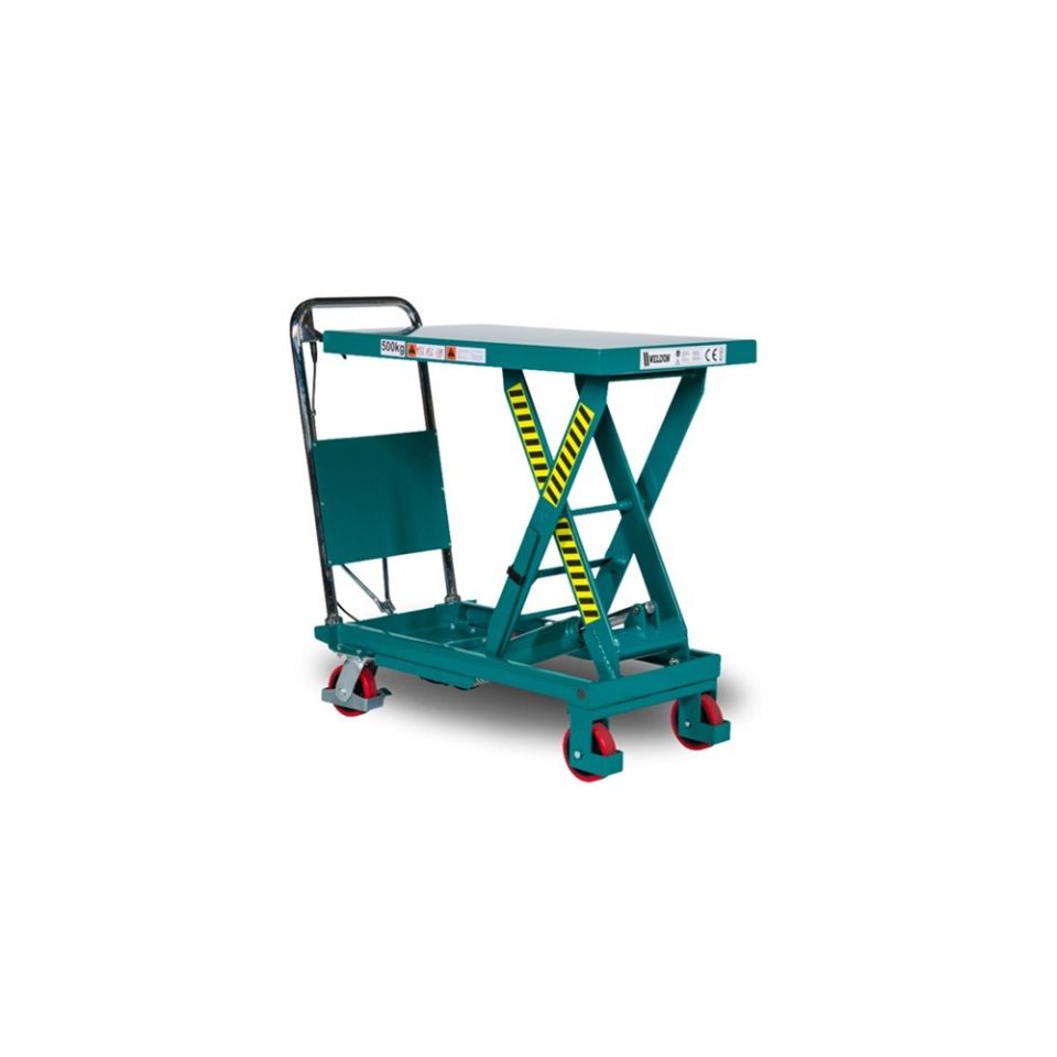 Weldon verrijdbare heftafel,  max. cap. 500 KG, hefbereik 350 - 900 mm, groenblauw