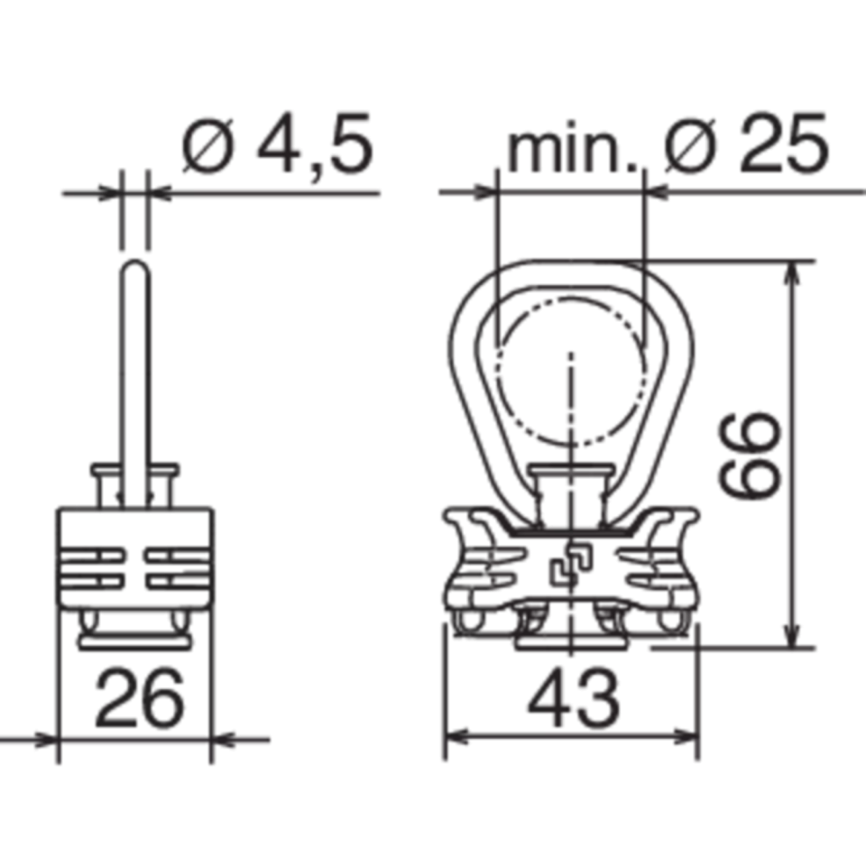 Technische tekening van single vliegtuigrailfitting met sjoroog en maatvoering
