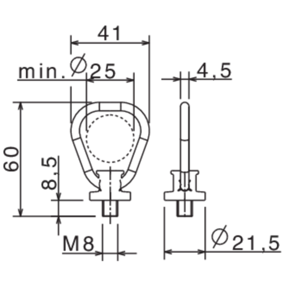 Technische tekening KERL 350 sjorpunt met M8 schroefdraad en maatvoering