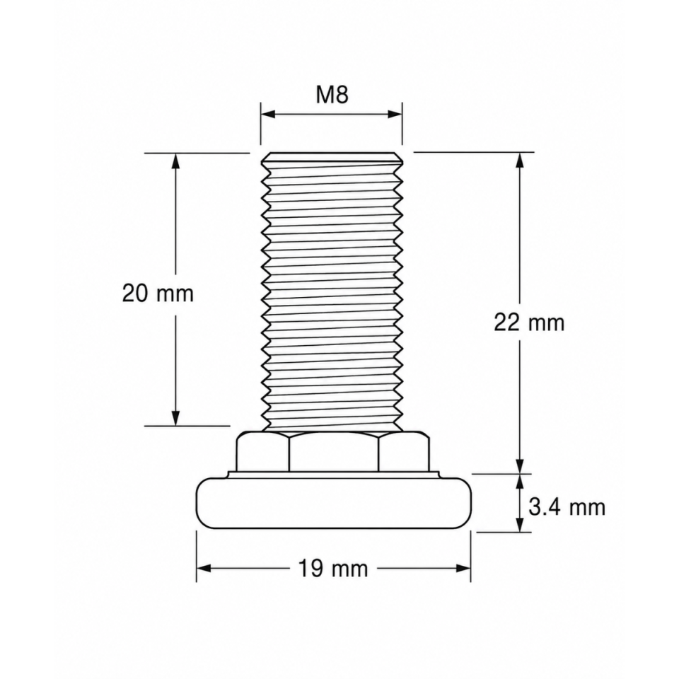 Maattekening van M8-fitting met 20 mm schroefdraadlengte en voetdiameter van 19 mm