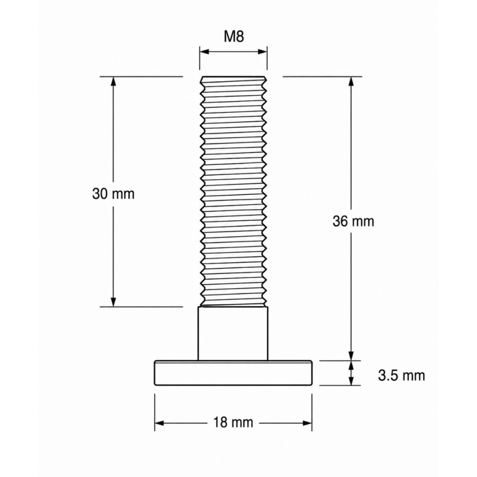 Technische tekening van M8-bout met schroefdraadlengte en afmetingen