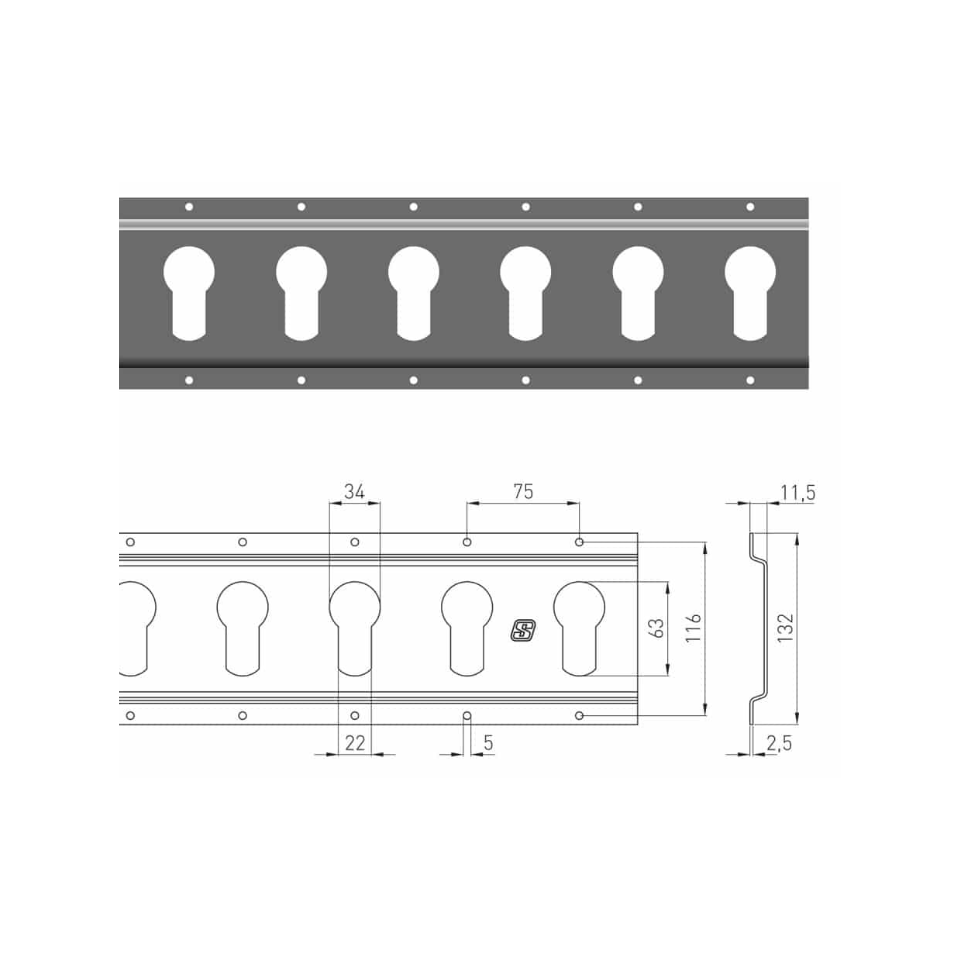 Wandrail horizontaal 1803H, verzinkt staal, voor sleutelgatfitting, 3 meter