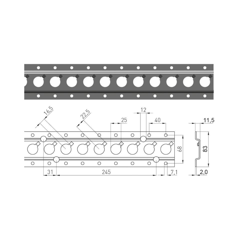 Wand- dakrail 1806, verzinkt staal, 3 meter (Q-gaten)