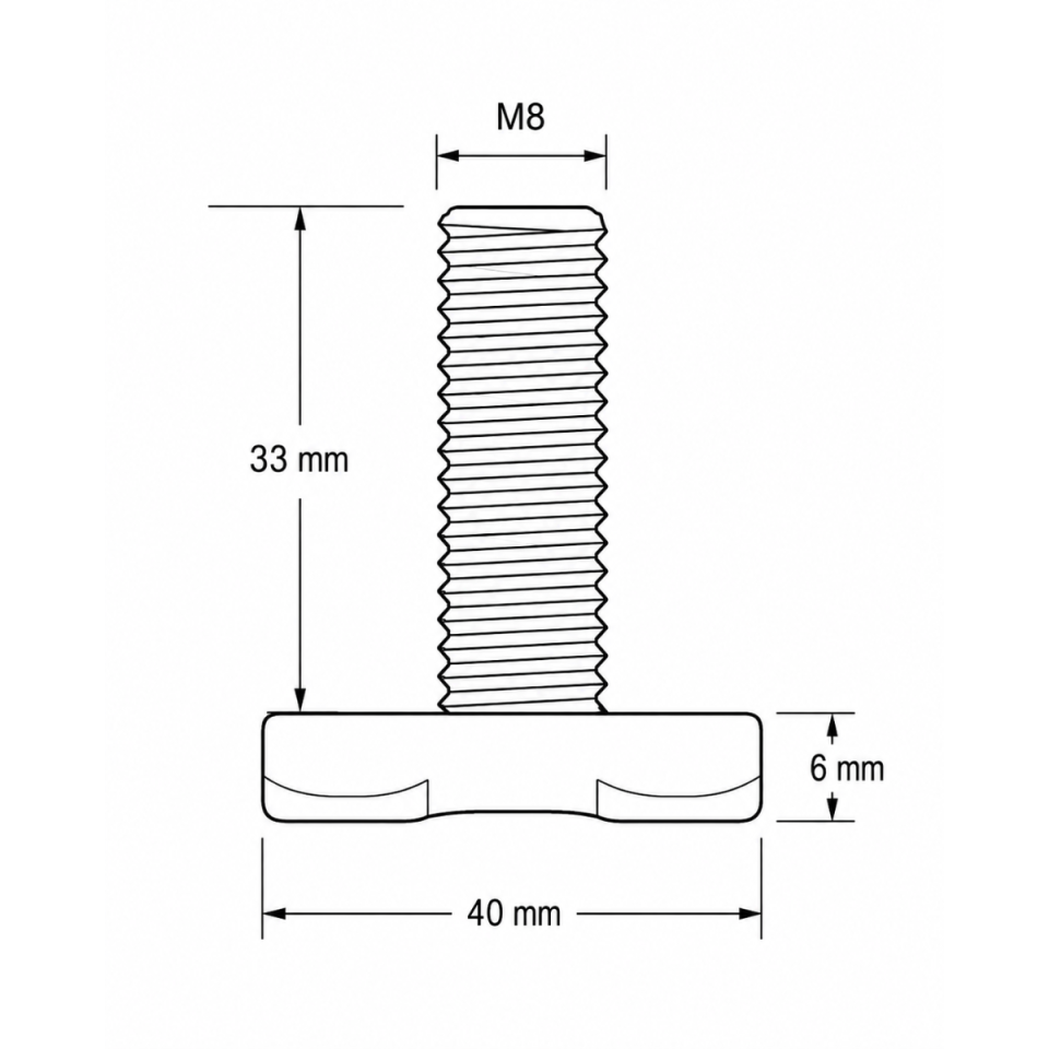 Maattekening van vliegtuigrail-fitting met M8-schroefdraad en afmetingen 33 en 40 mm