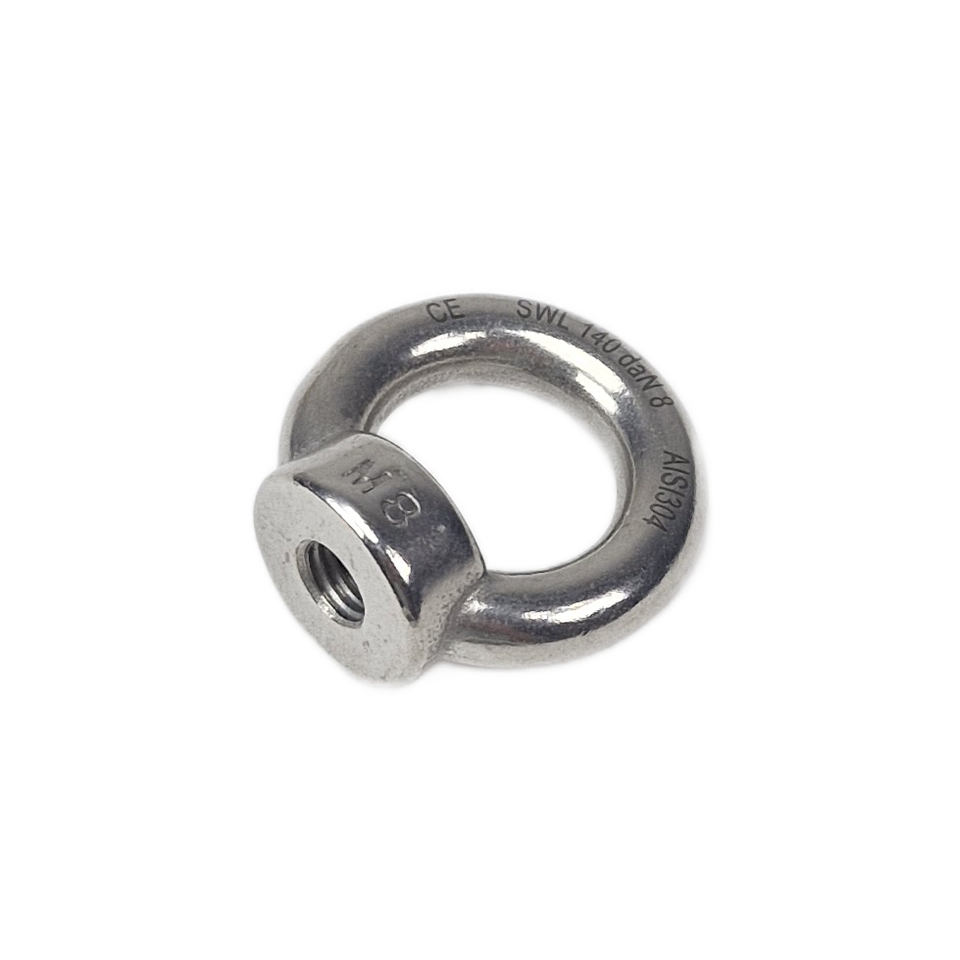 RVS oogmoer voor M8-fitting met binnenmaat 21 mm en buitenmaat 35 mm, schuin aanzicht