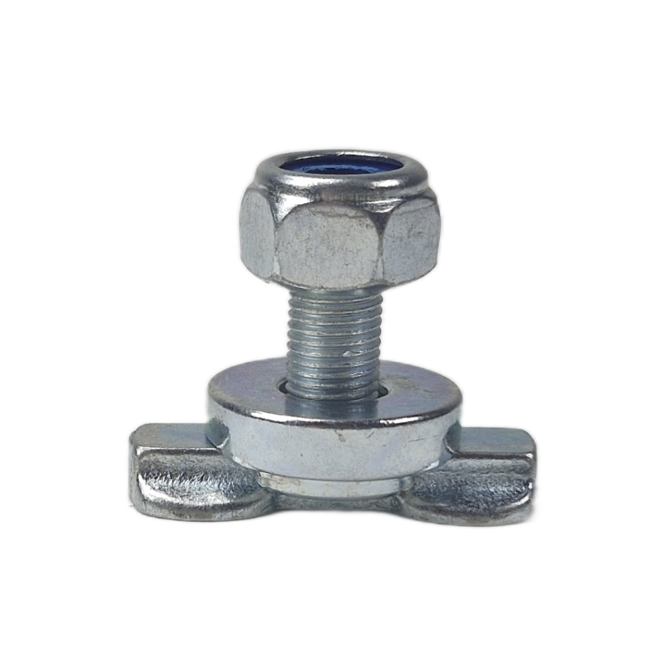 Vliegtuigrail-fitting met 3/8 inch schroefdraad en borgmoer, vooraanzicht