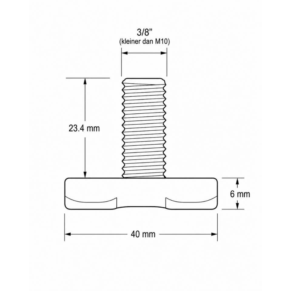 Maattekening vliegtuigrail-fitting met 3/8 inch schroefdraad, lengte 23,4 mm en fittingbreedte 40 mm