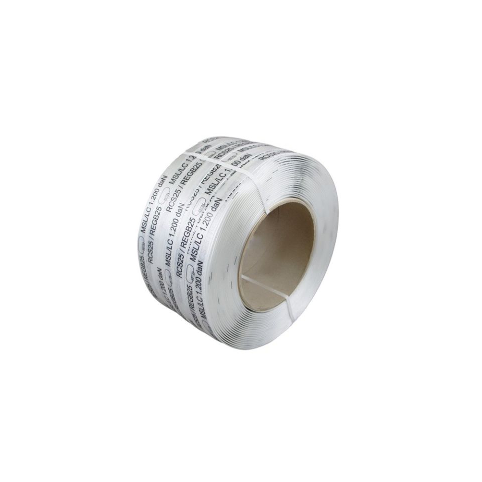 Polyester composietband bedrukt wit, 32 mm, rol 300 m, kern 200 mm