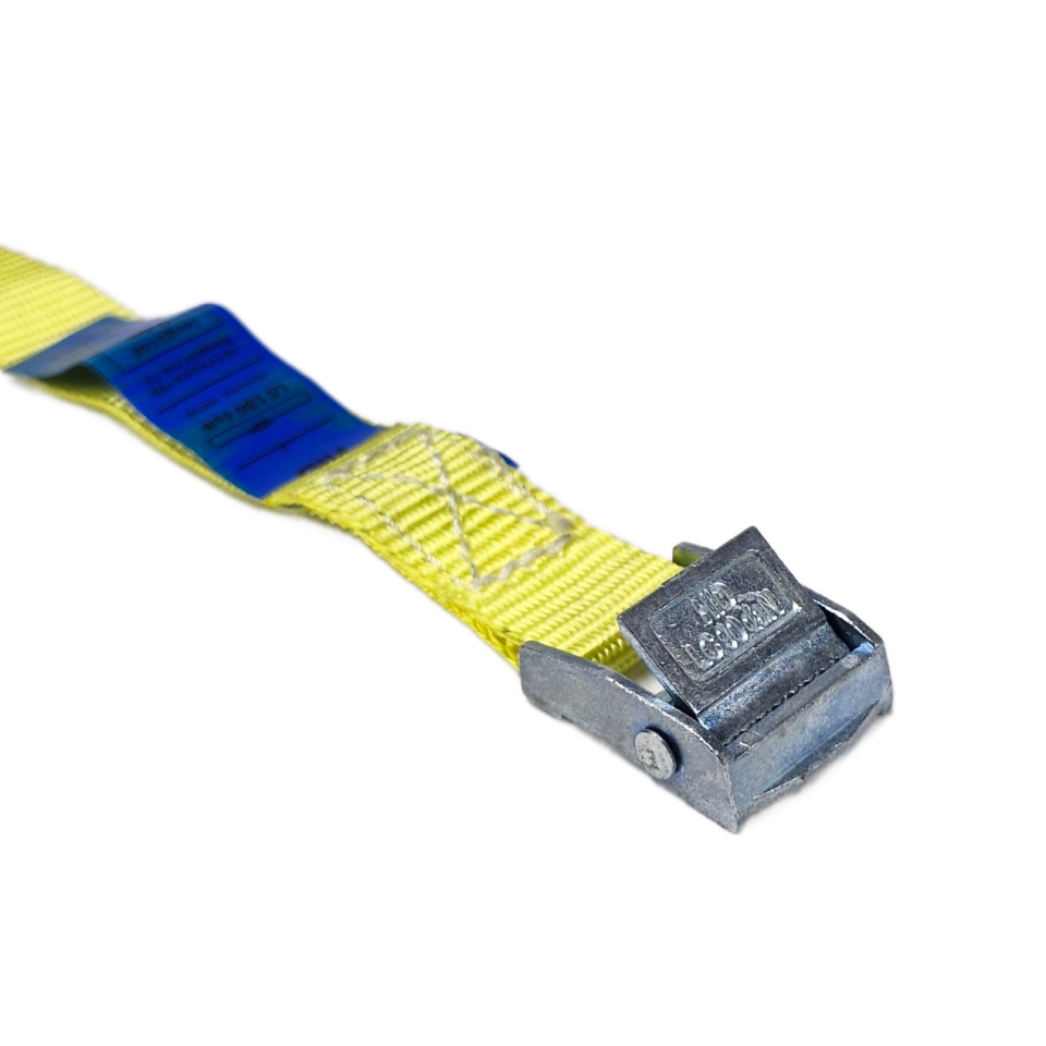 Gele sjorband 20 mm met metalen klemgesp 4012 en blauw label