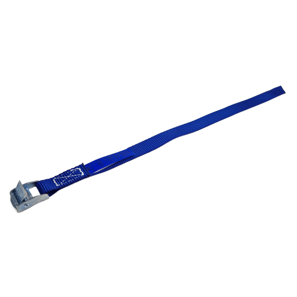 Blauwe sjorband 20 mm met metalen klemgesp 4012 en blauw label volledig zichtbaar