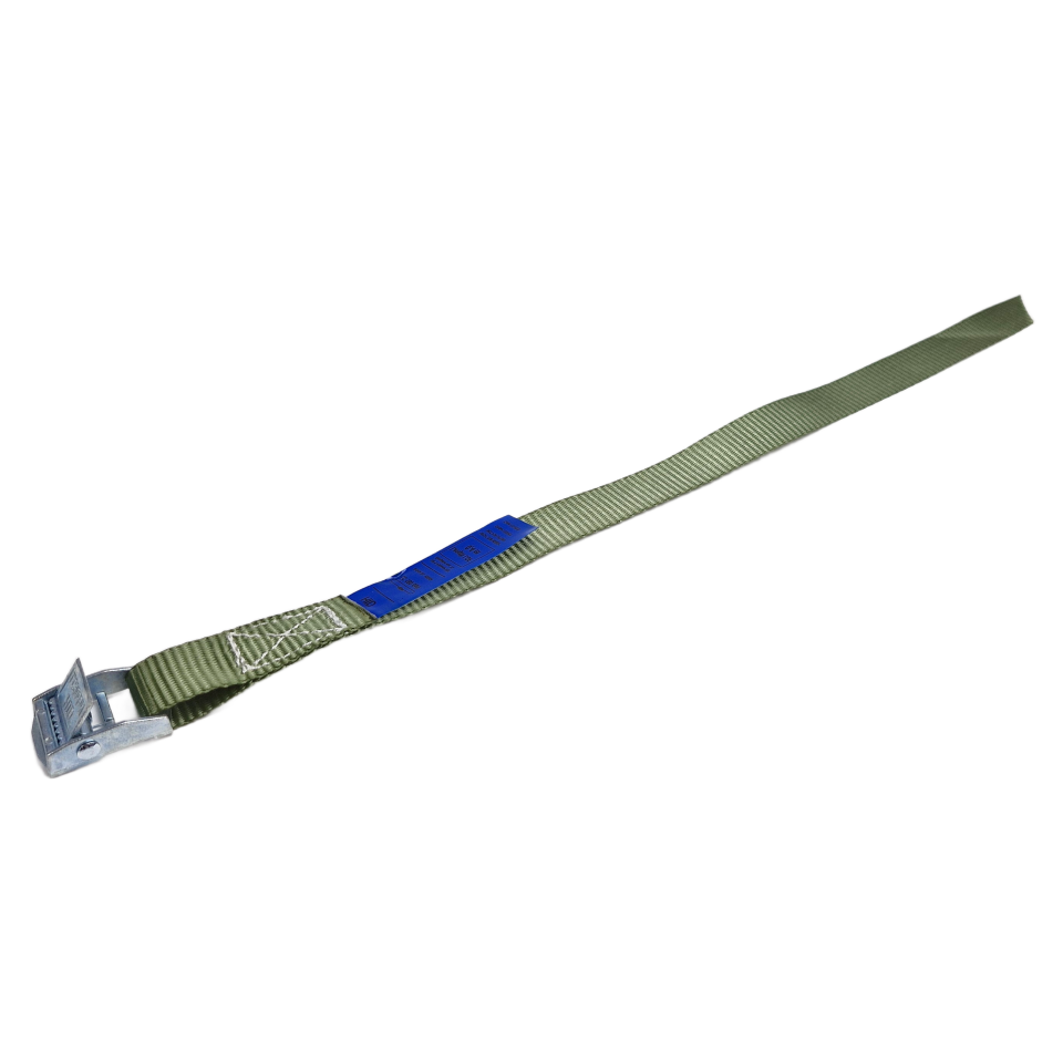 Olijfgroene sjorband 20 mm met metalen klemgesp 4012 en blauw label volledig zichtbaar