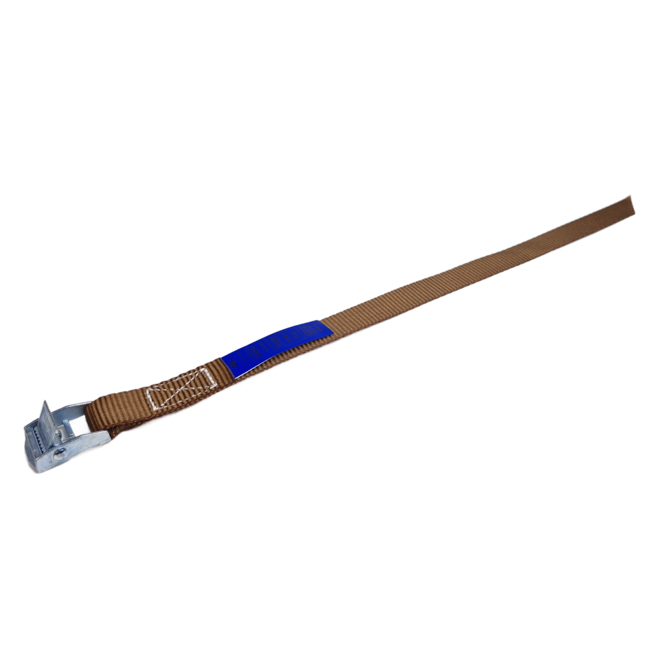 Bruine sjorband 20 mm met metalen klemgesp 4012 en blauw label volledig zichtbaar