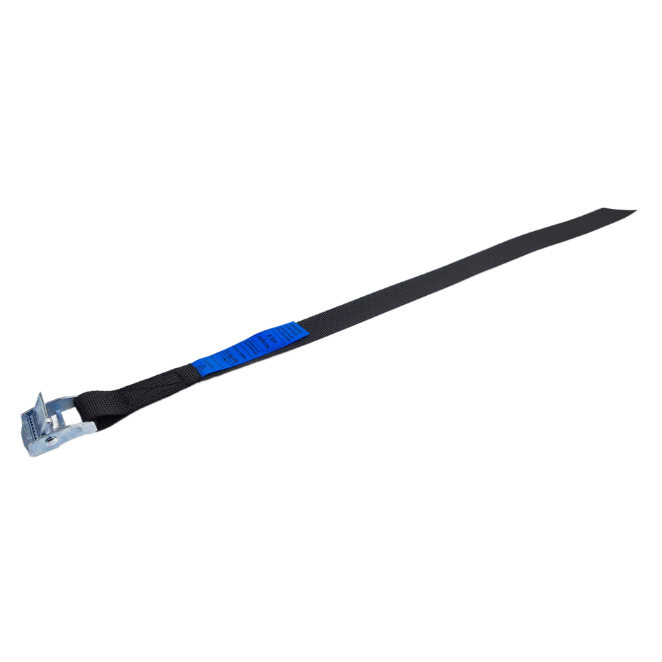 Zwarte sjorband 20 mm met metalen klemgesp 4012 en blauw label