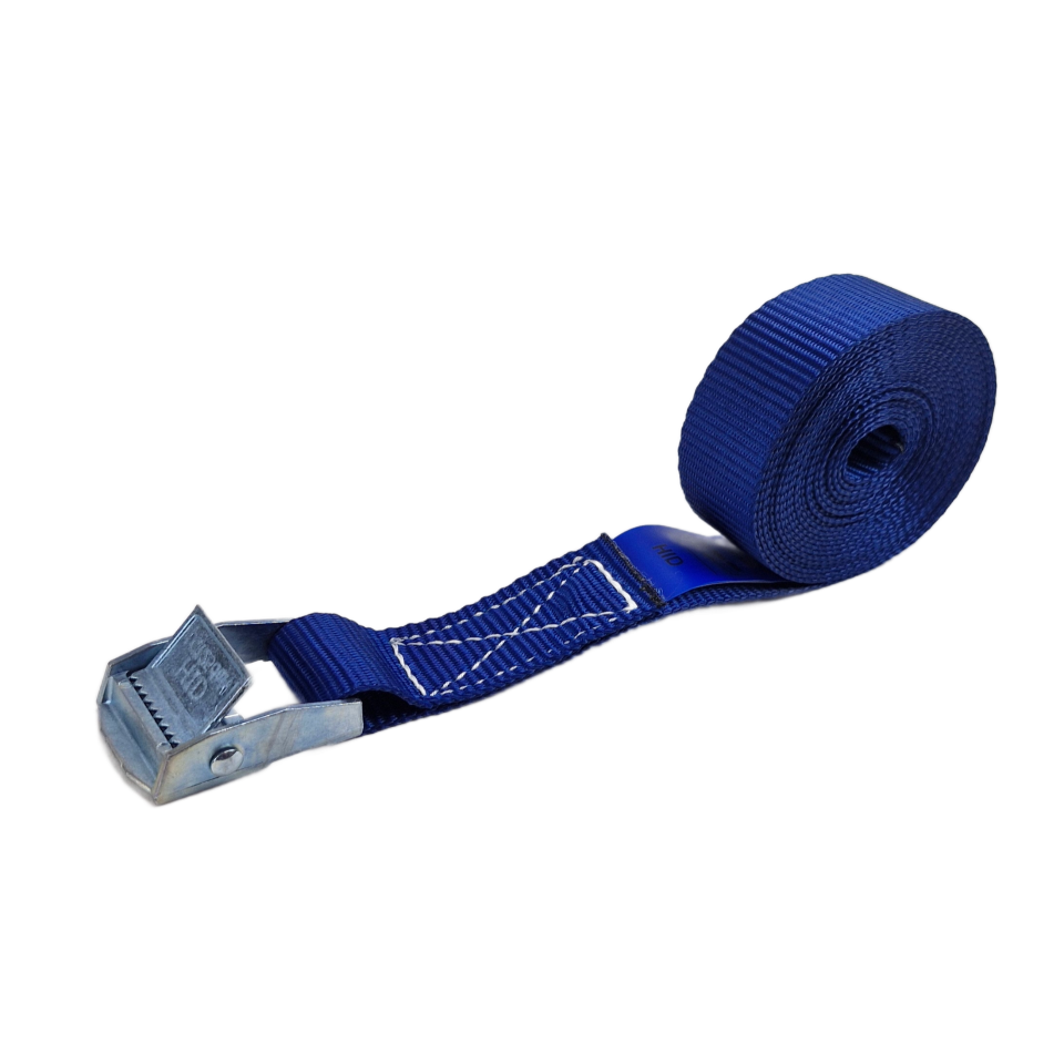 Blauwe sjorband van 25 mm met opgerolde band en metalen klemgesp