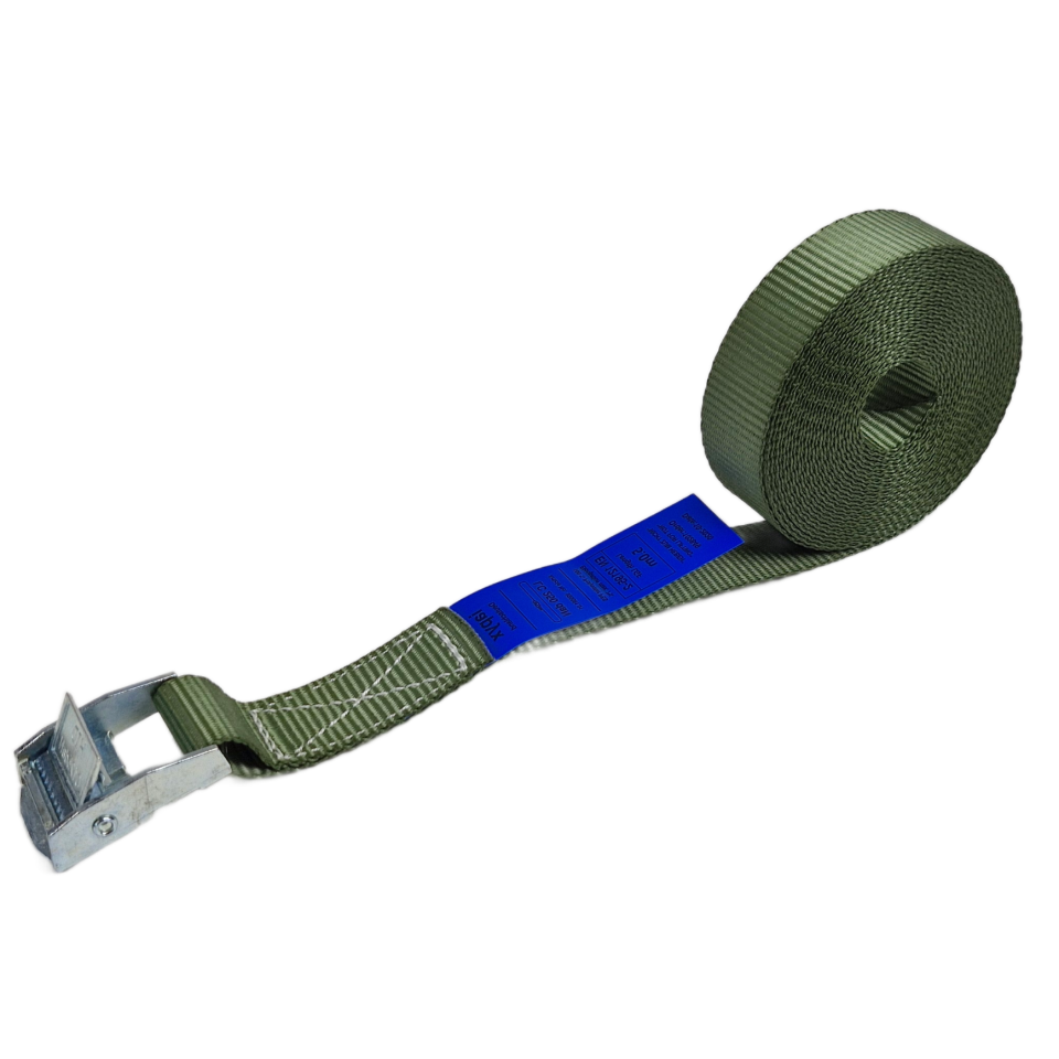 Mosgroene sjorband van 25 mm met opgerolde band en metalen klemgesp