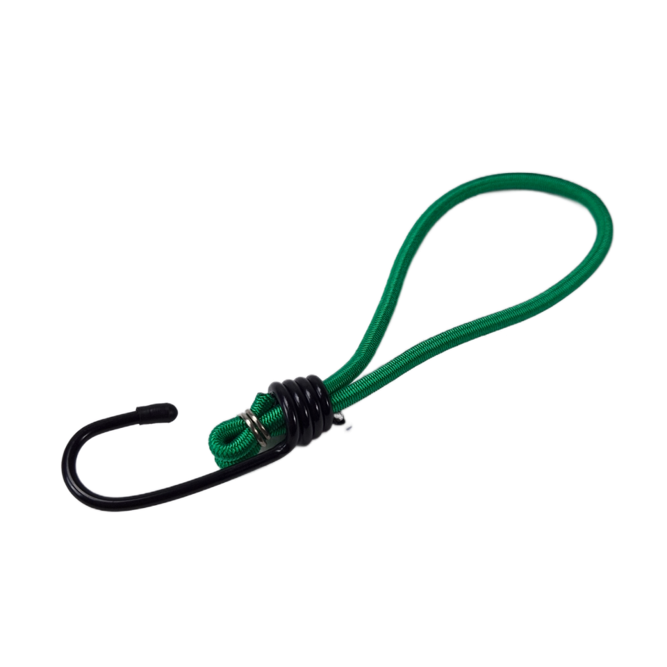 Groen spanrubber met zwarte haak en lus.