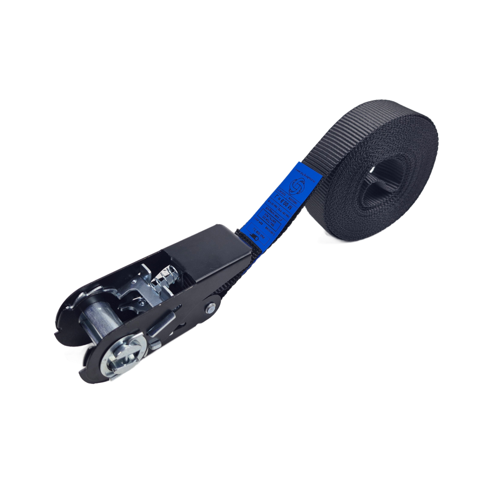 Zwarte eindloze spanband 25 mm opgerold met zwarte hobbyratel 906 en blauw label