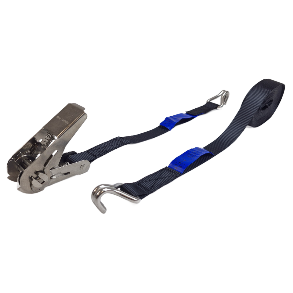 Zwarte spanband van 25 mm met RVS ratel en twee RVS haken