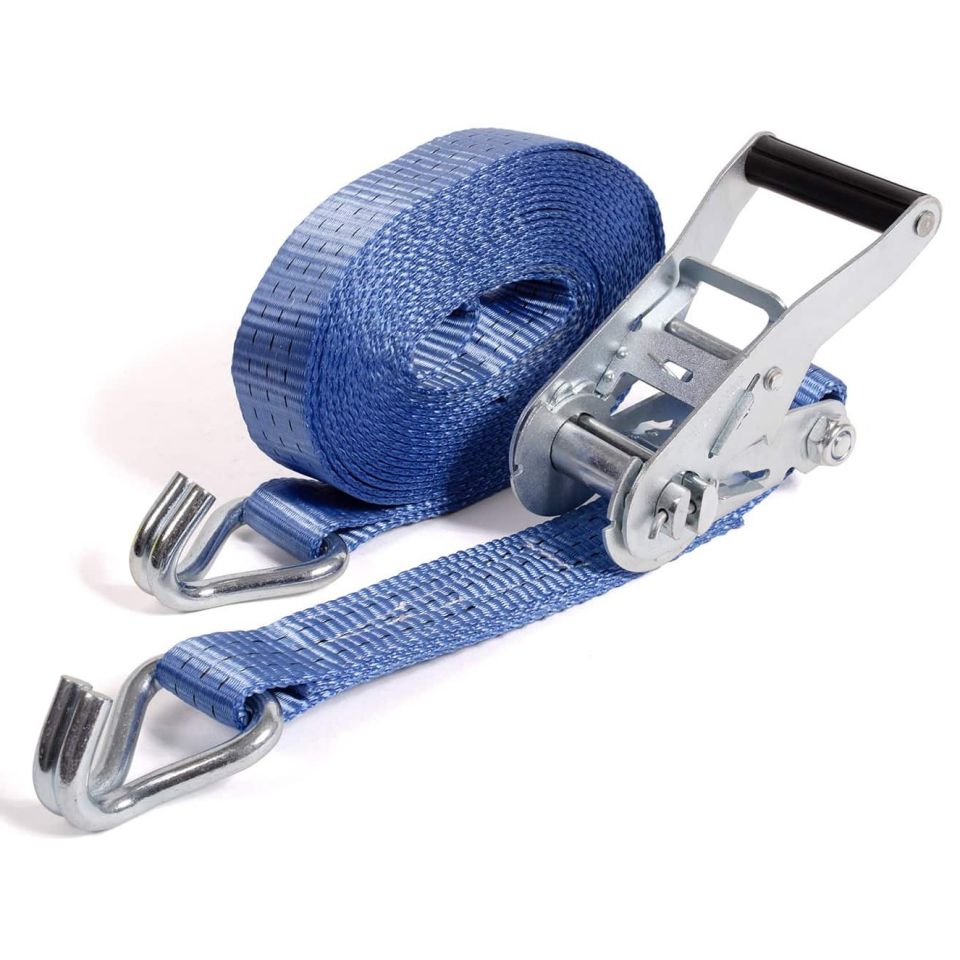 Blauwe spanbandset 35 mm met ratel 917, opgerolde band en twee haken.
