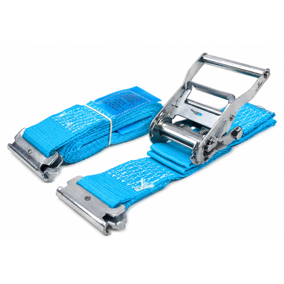 Blauwe spanbandset 50 mm met korte ratel 916 en sleufgatfittingen 1826, 1000/2000 daN, op maat gemaakt