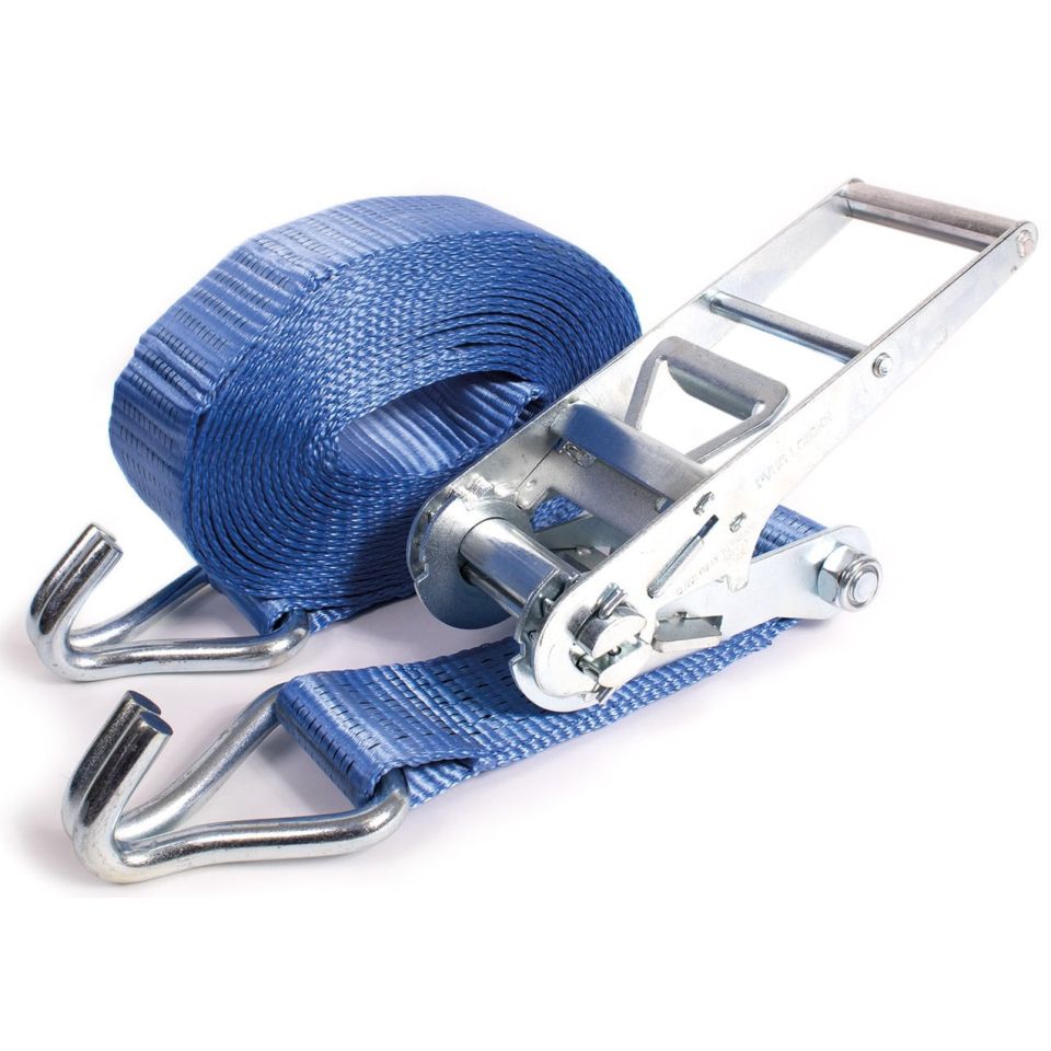 Blauwe spanbandset 75 mm met ratel 975, opgerolde band en twee haken.