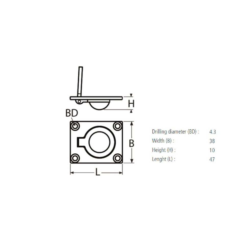 RVS vloeranker met ring, inbouw, 47 x 38 x 10 mm