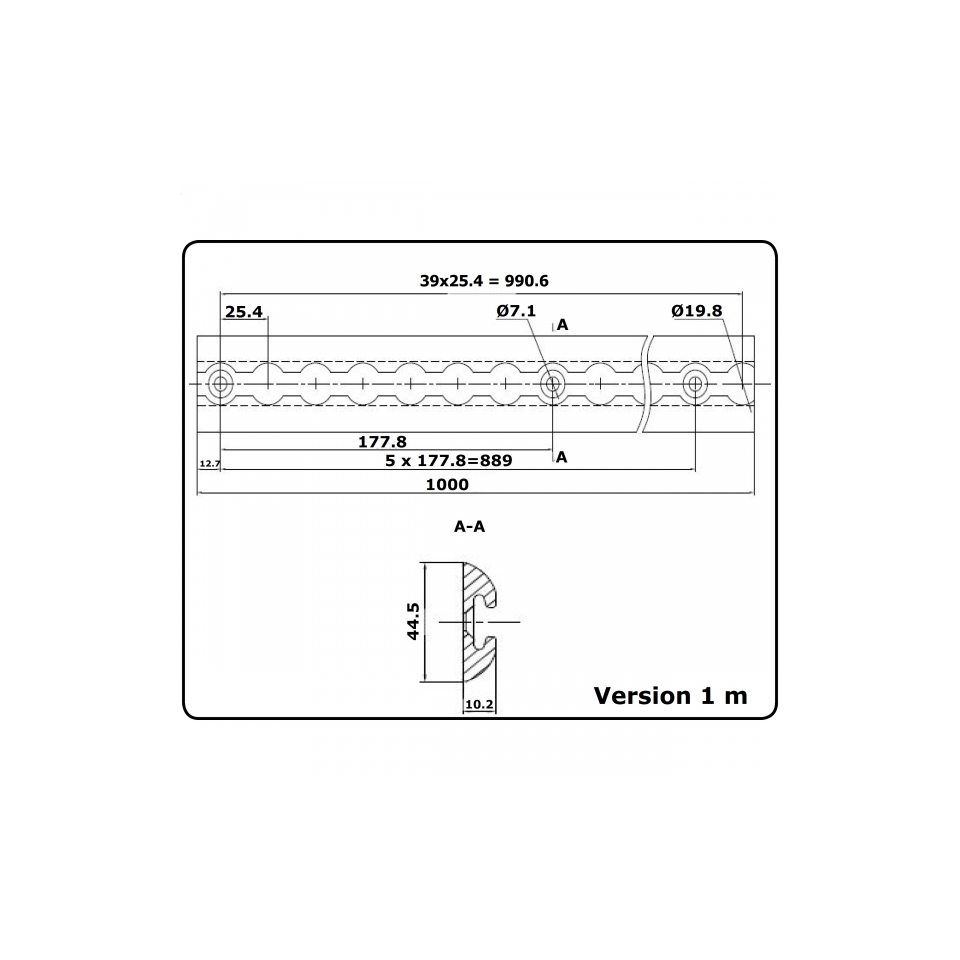 Technische tekening vliegtuigrail VR-5000-1000 met boorgaten, 44,5 x 10,2 mm en lengte 1 meter